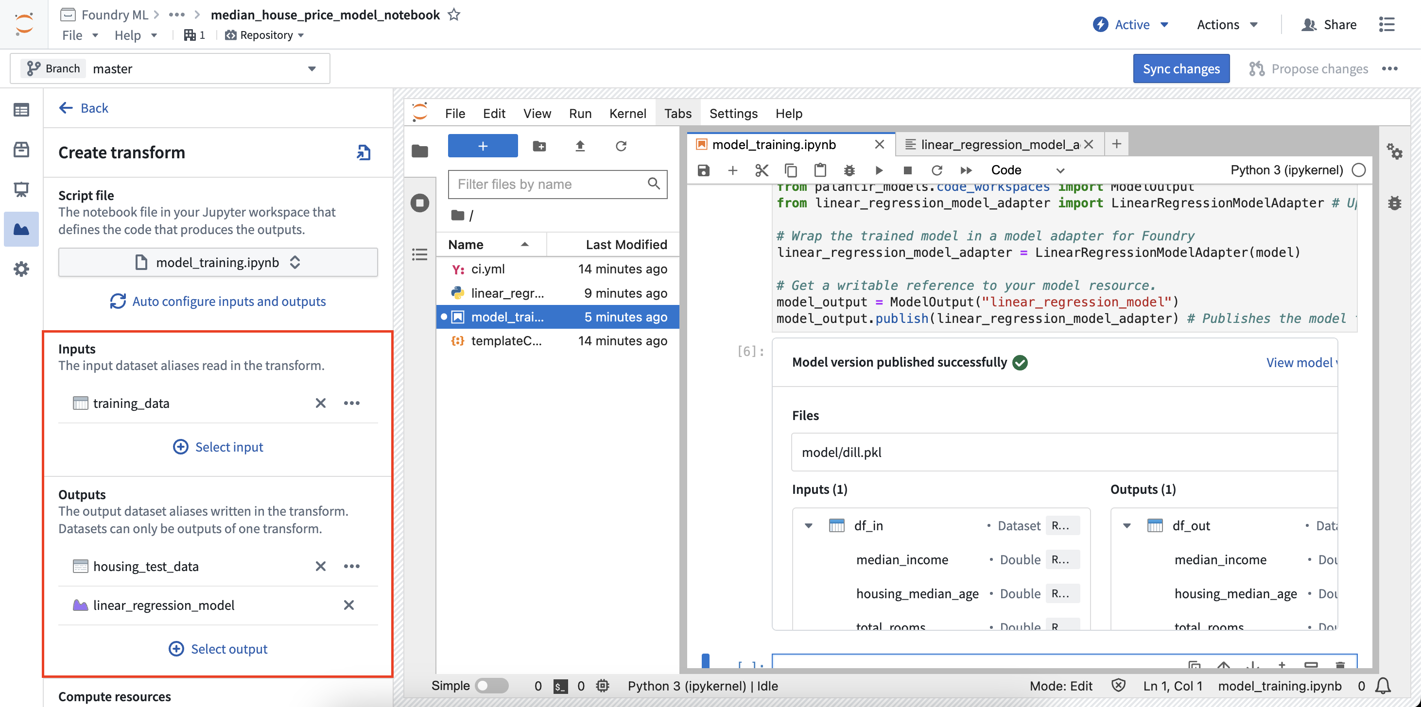 Model output transform configuration page.