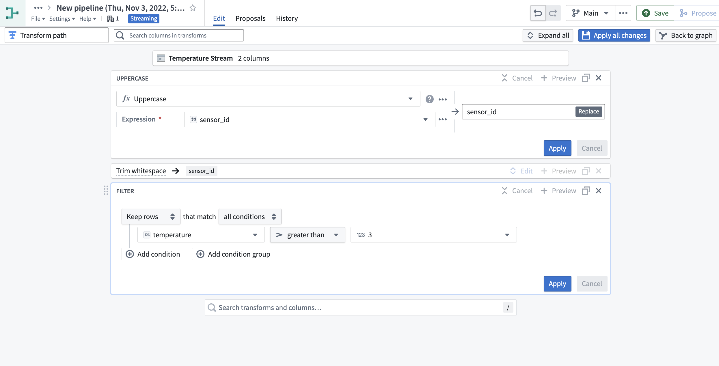 Screenshot of builder filter transform
