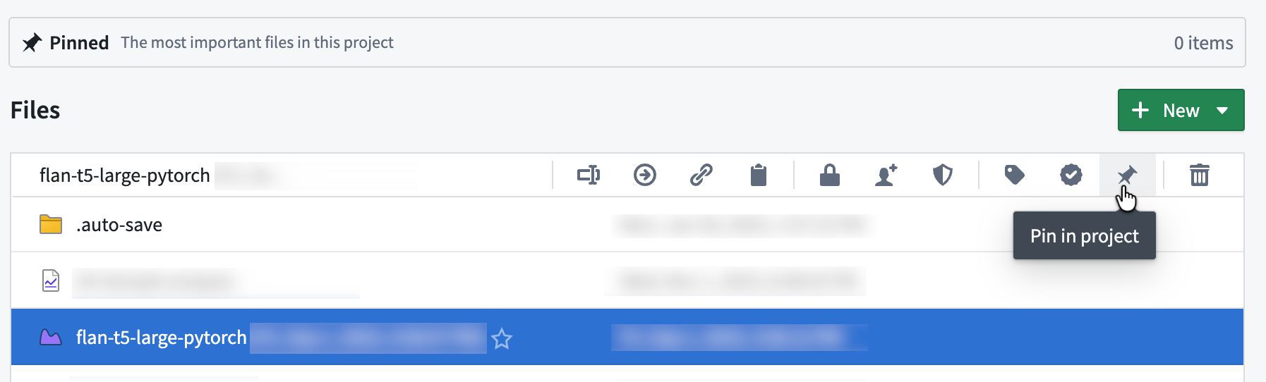 Pin a resource using the Pin the project icon or right click the selected file for the same option.