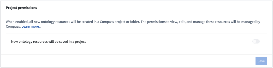 To prevent newly-created ontologies from defaulting to the project-based permissions system, navigate to the Configuration tab in Ontology Manager and turn off the New ontology resources will be saved in a project setting.