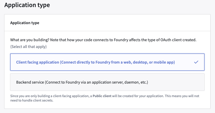 The application type selection page with client-facing application selected.