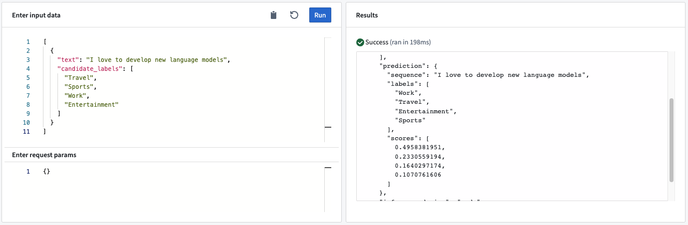 Example of ZeroShot classification query in a live deployment