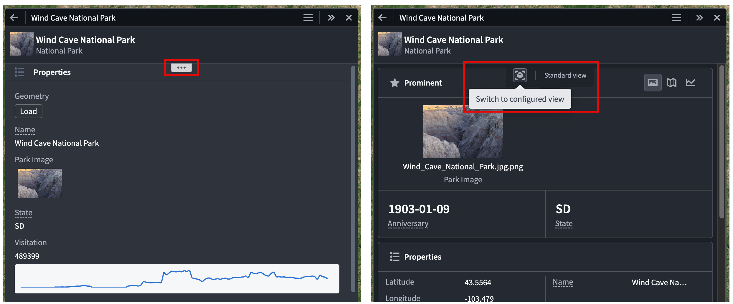 The standard and configured Object View toggle in an application is displayed.
