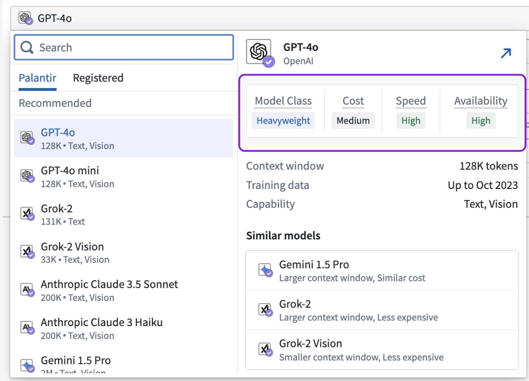 From within the Model Selector, you can view model relational attributes that help you compare between models using class cost speed and availability considerations.
