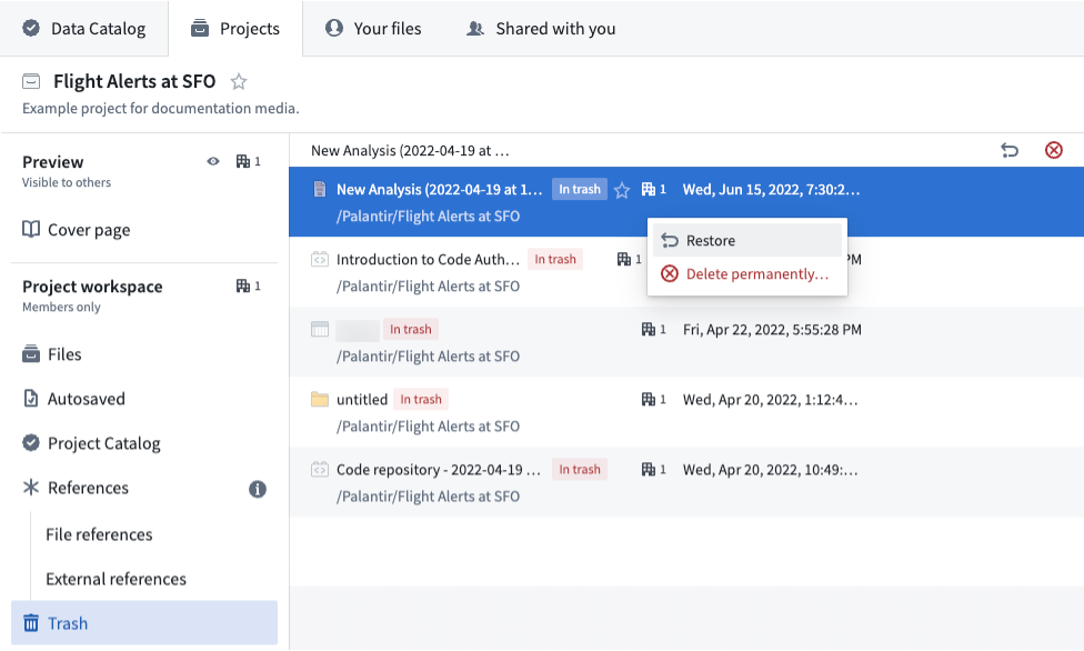 Right click an item to use the Restore from trash option.