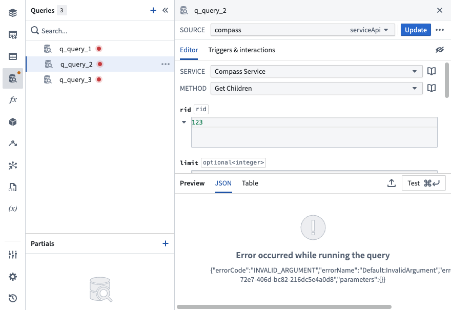 The queries panel highlighting errors in queries