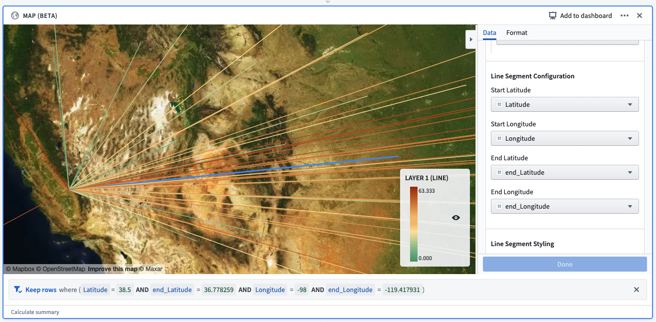 Example: A selection made on a line segment layer. The selection creates a filter, which reads: “Keep rows where (Latitude = 38.5 AND end_Latitude = 36.778259 AND Longitude = -98 AND end_Longitude = -119.417931).” 