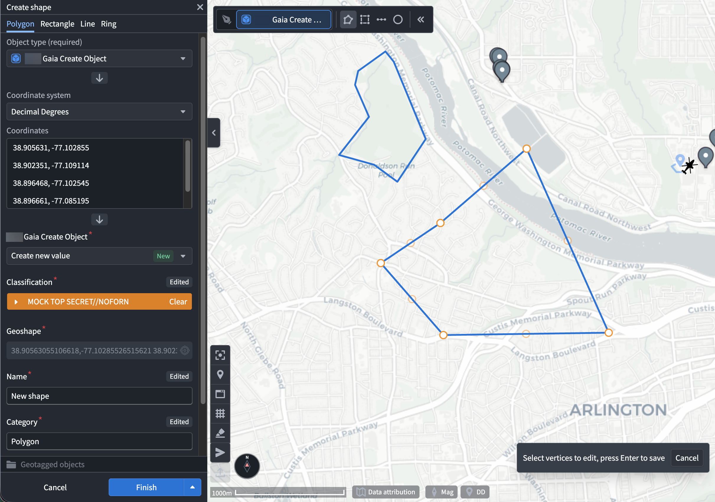 A polygon is drawn on a Gaia map, where a user can geotag it to an object type.