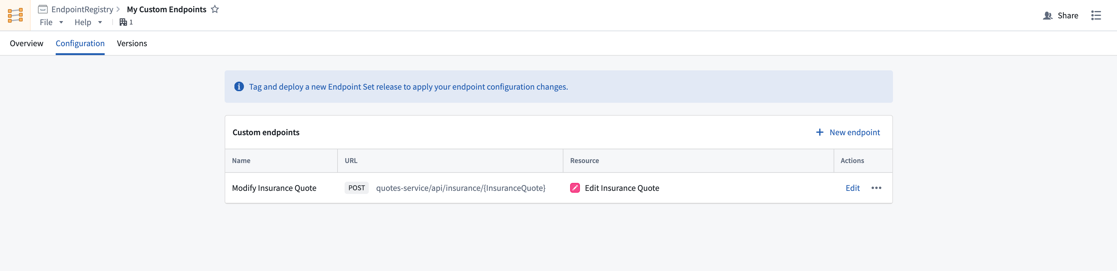 A newly created custom endpoint definition.