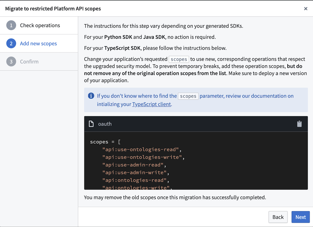 Make changes to operation scopes for the TypeScript SDK to migrate the security mode.