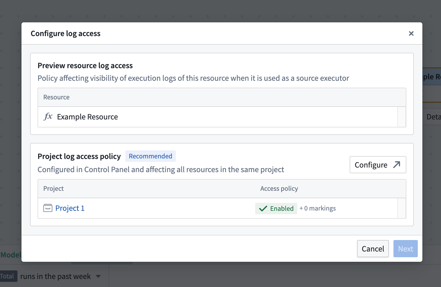 The platform interface showing the applied log access policy for the project.