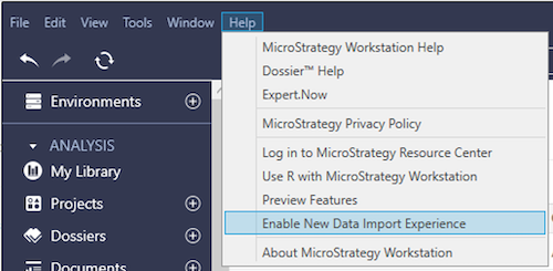 Disable New Data Import Experience in MicroStrategy Help menu