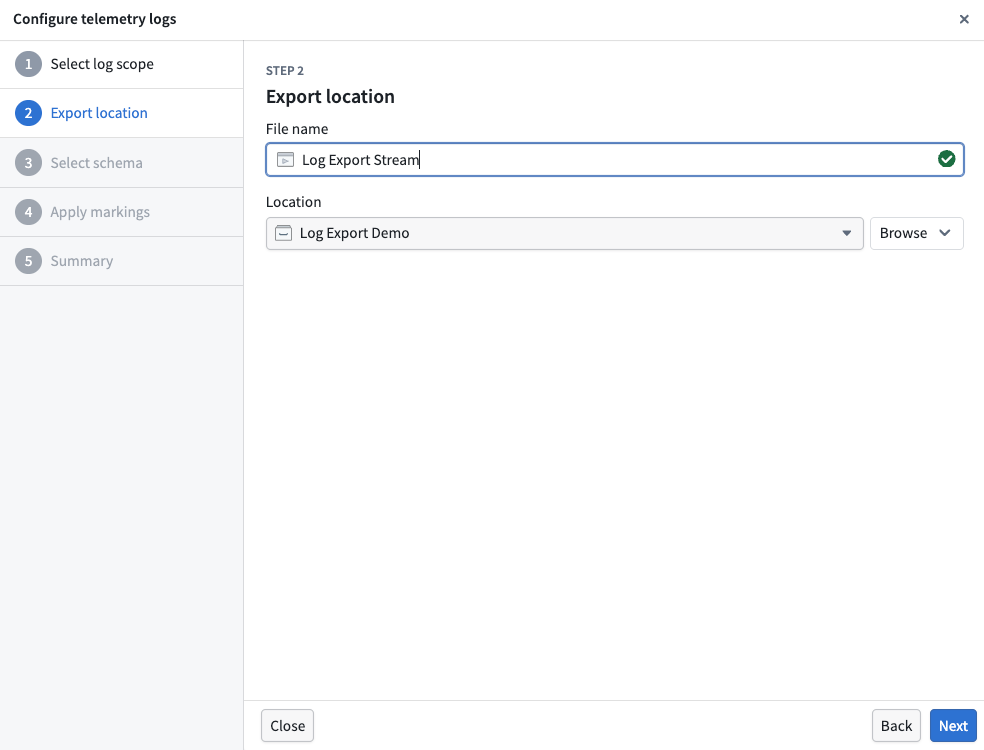 The export location configuration dialog showing fields to specify the dataset name and location.