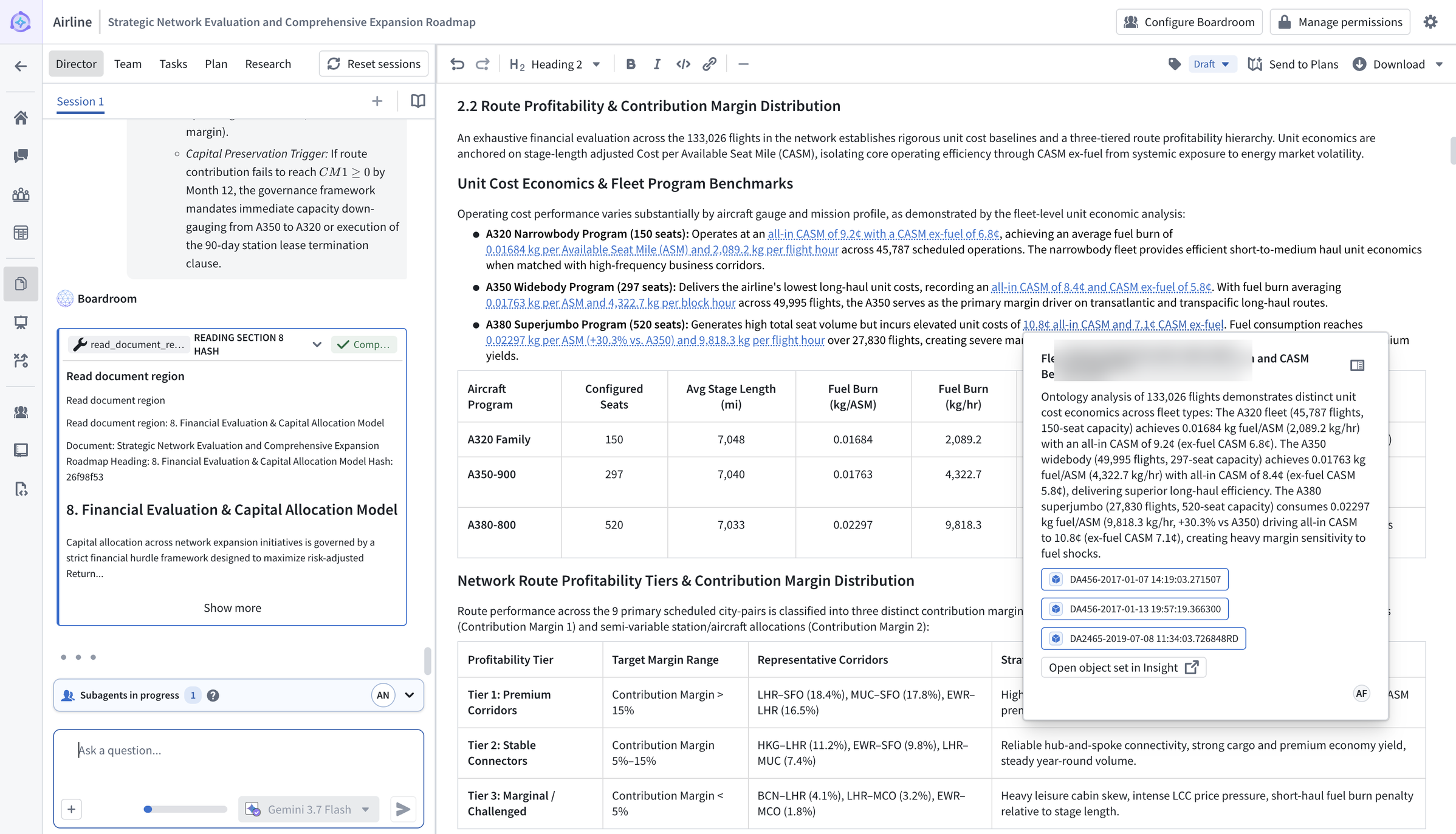 A document writing session in a boardroom displays an editable report alongside the director's research activity and citations.