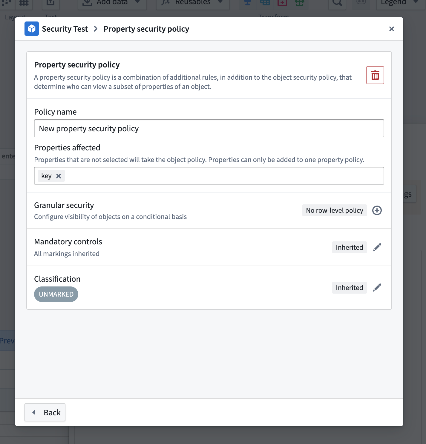 Screenshot of the object security policy configuration window.