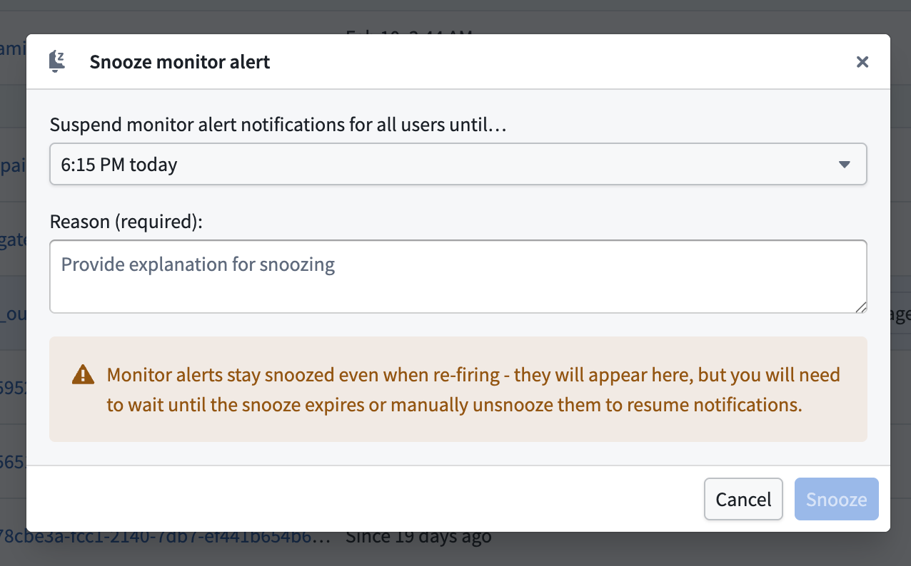 Snooze fired alerts in the Troubleshoot alerts tab.