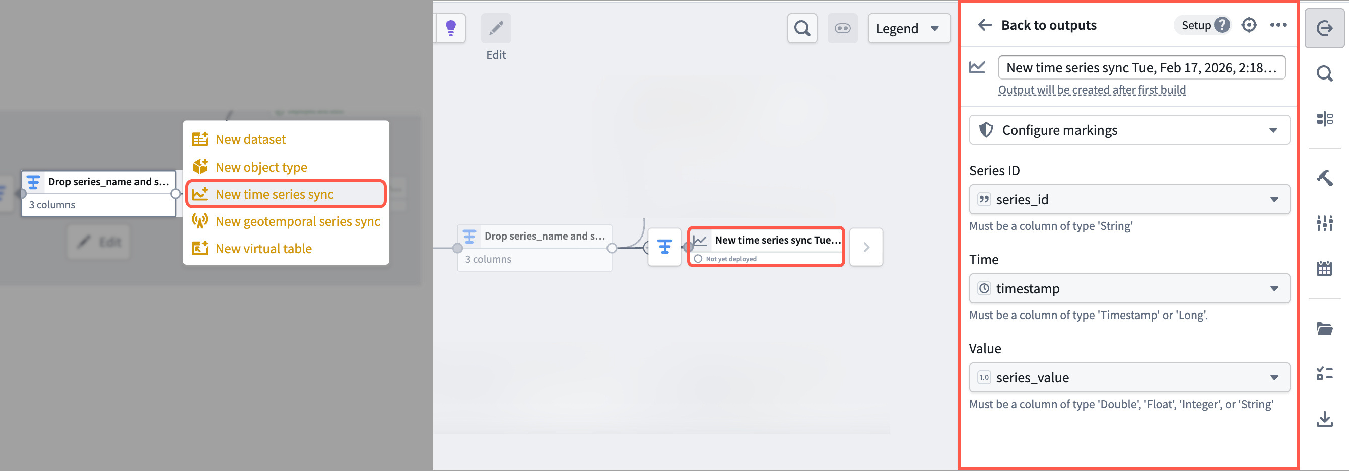 The Add output menu in Pipeline Builder is displayed.