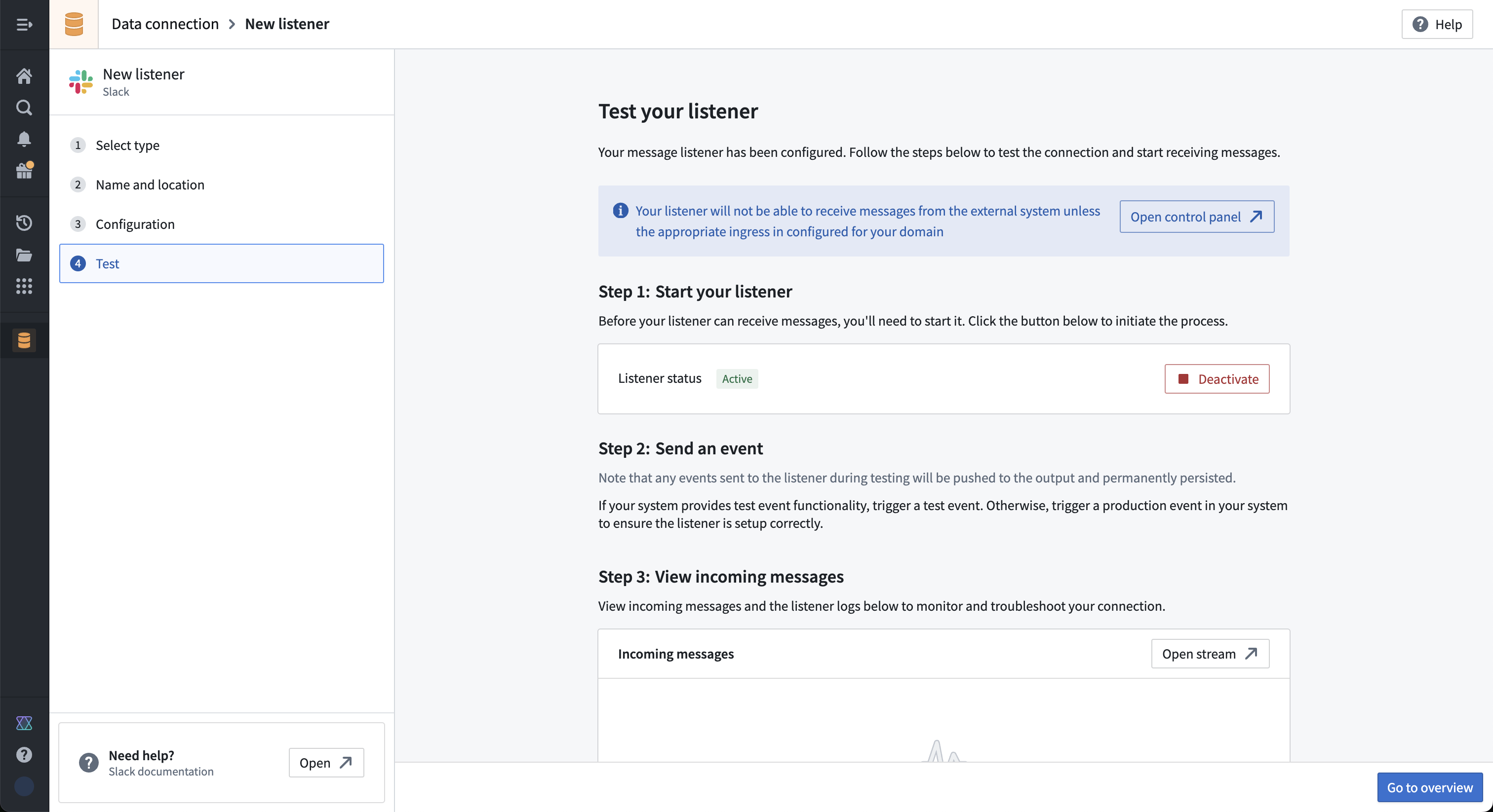 In the Palantir interface, select Activate next to the listener status to activate the listener.