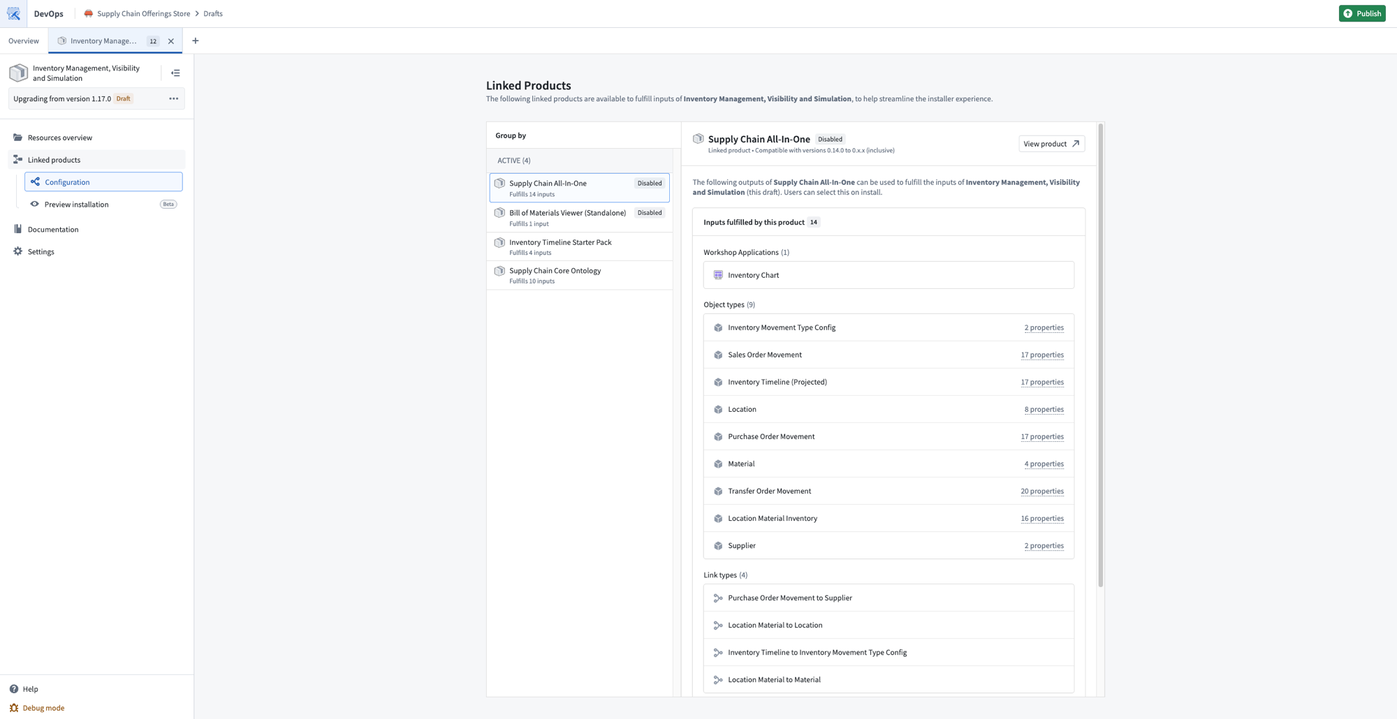The Linked Products page displays available linked products and the inputs they fulfill.