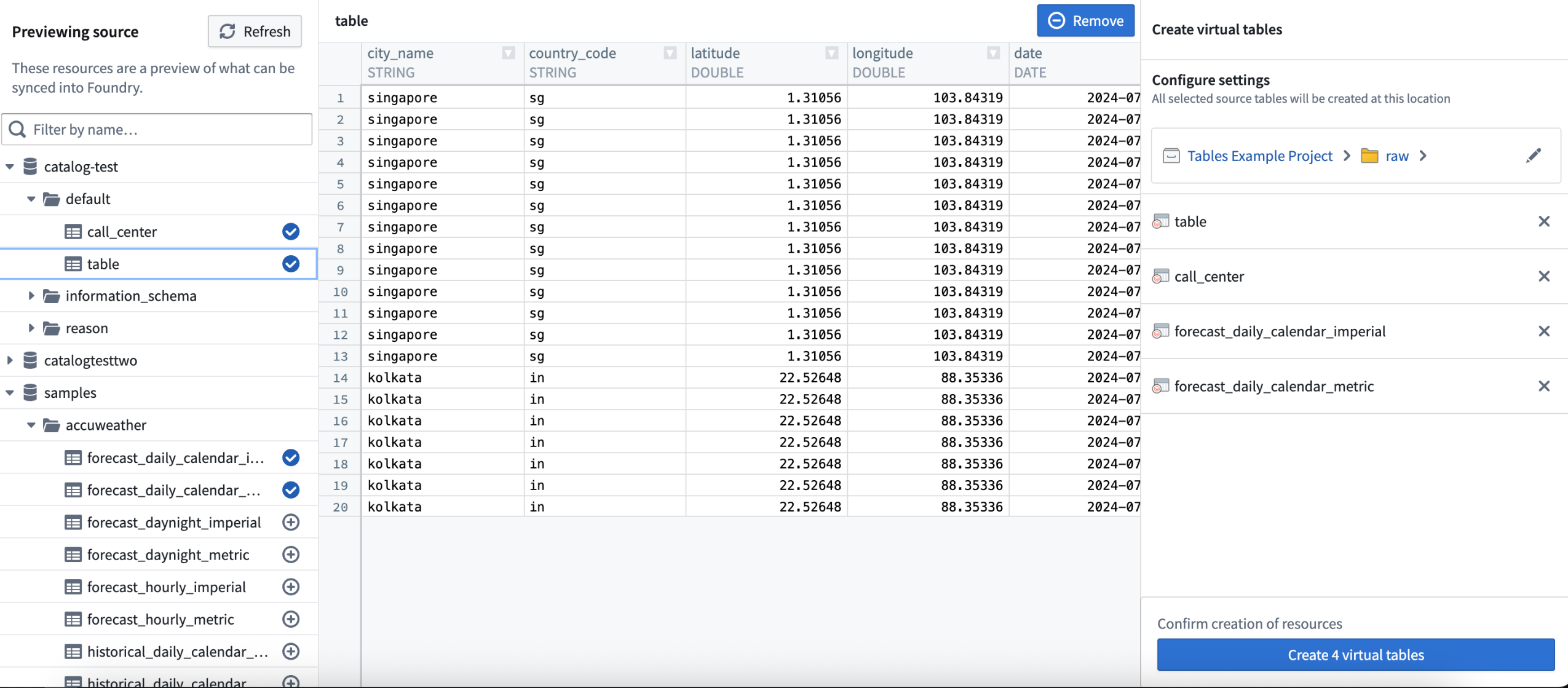 An example of virtual table bulk registration in Data Connection.