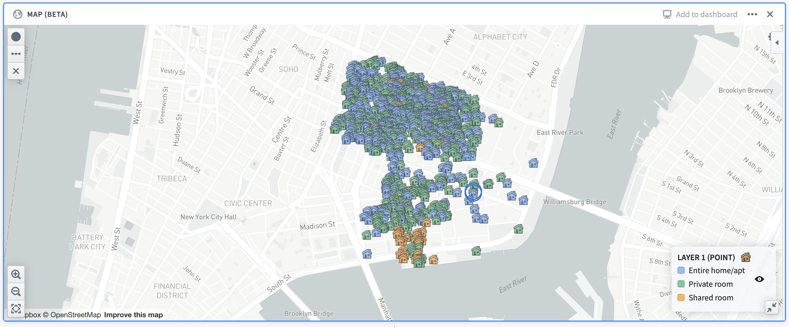 Example: A map showing Airbnb locations in the Lower East Side neighborhood of Manhattan, colored by the room type.