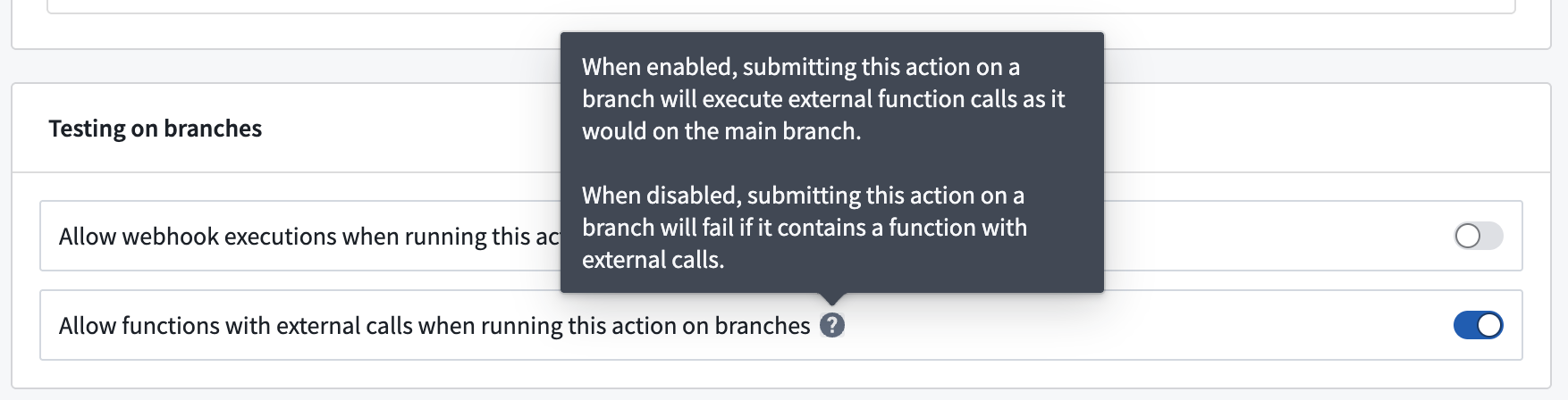 The toggle to allow functions with external calls when running an action on branches is available in the Security and submission criteria tab in Ontology Manager.