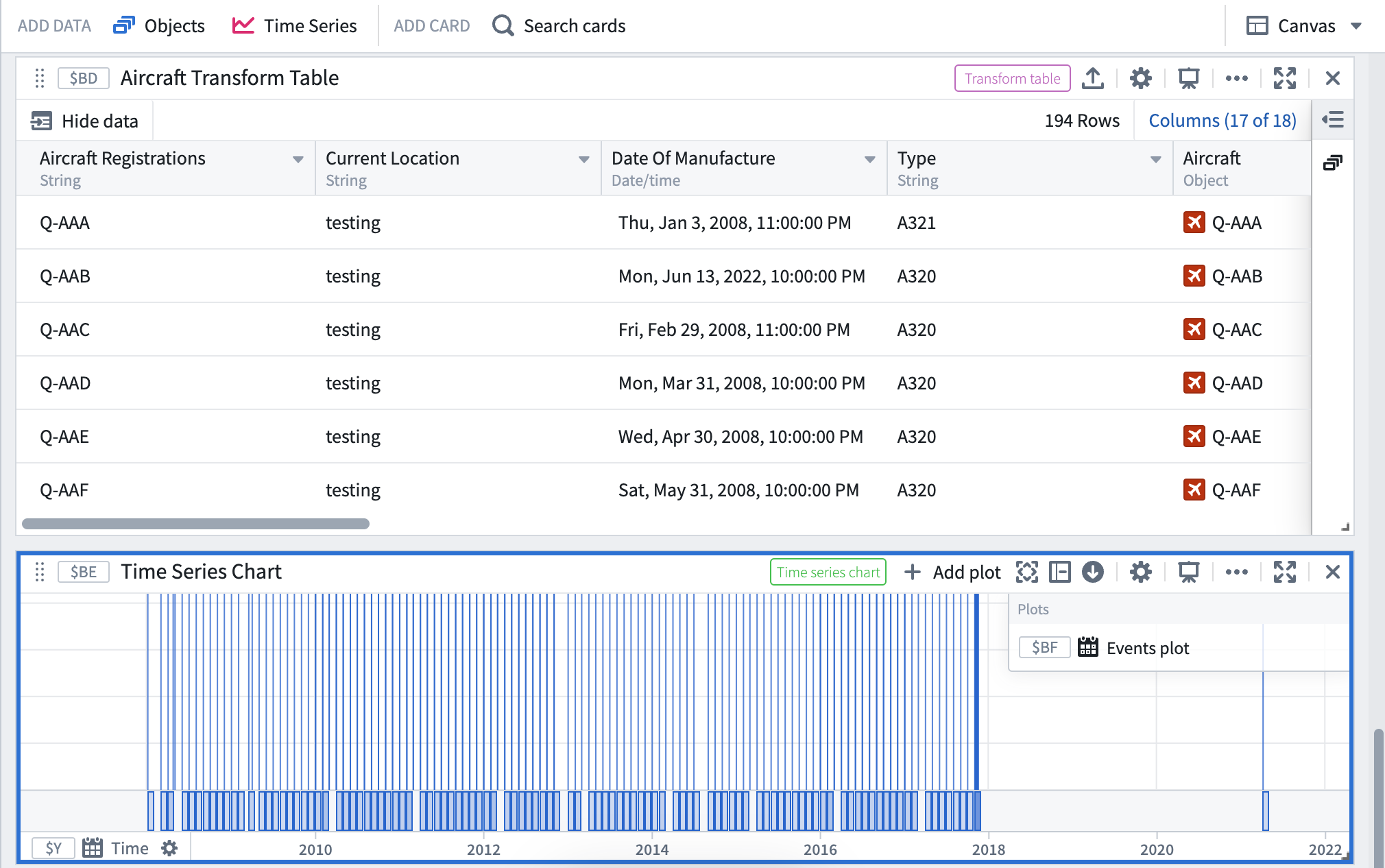 Quiver screenshot showing an events plot card derived from a transform table card