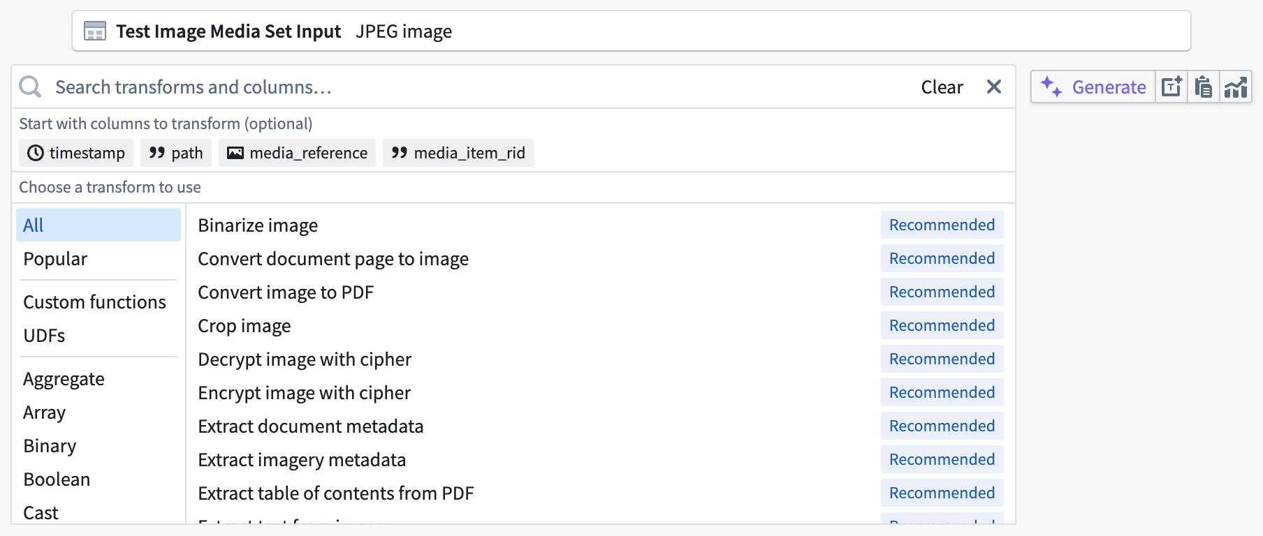 The list of media transforms available on a media set input in Pipeline Builder.