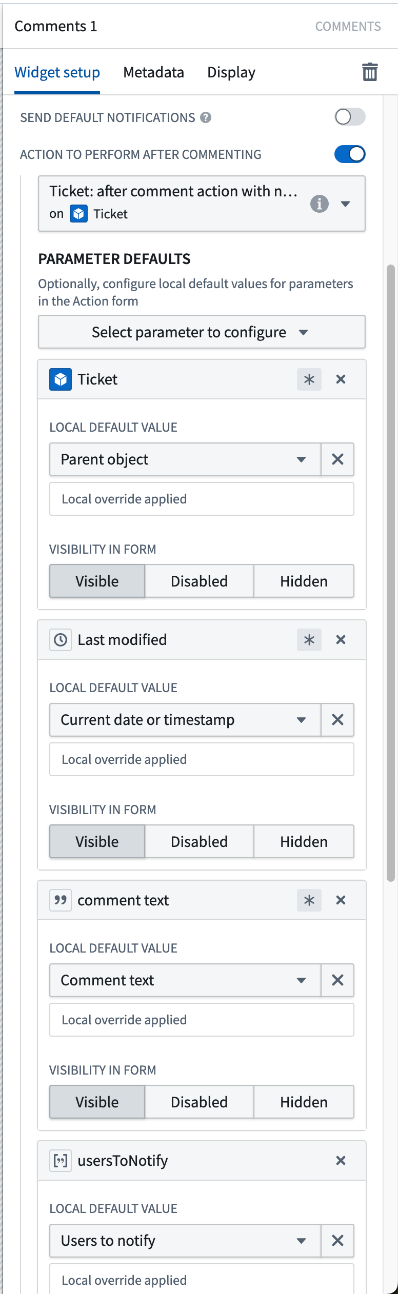 Comments widget configuration lets you pass comment text and users to notify to an action you configure in Ontology app