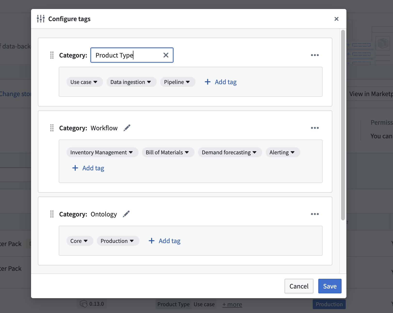 Configure categories and tags on store via the Settings option.