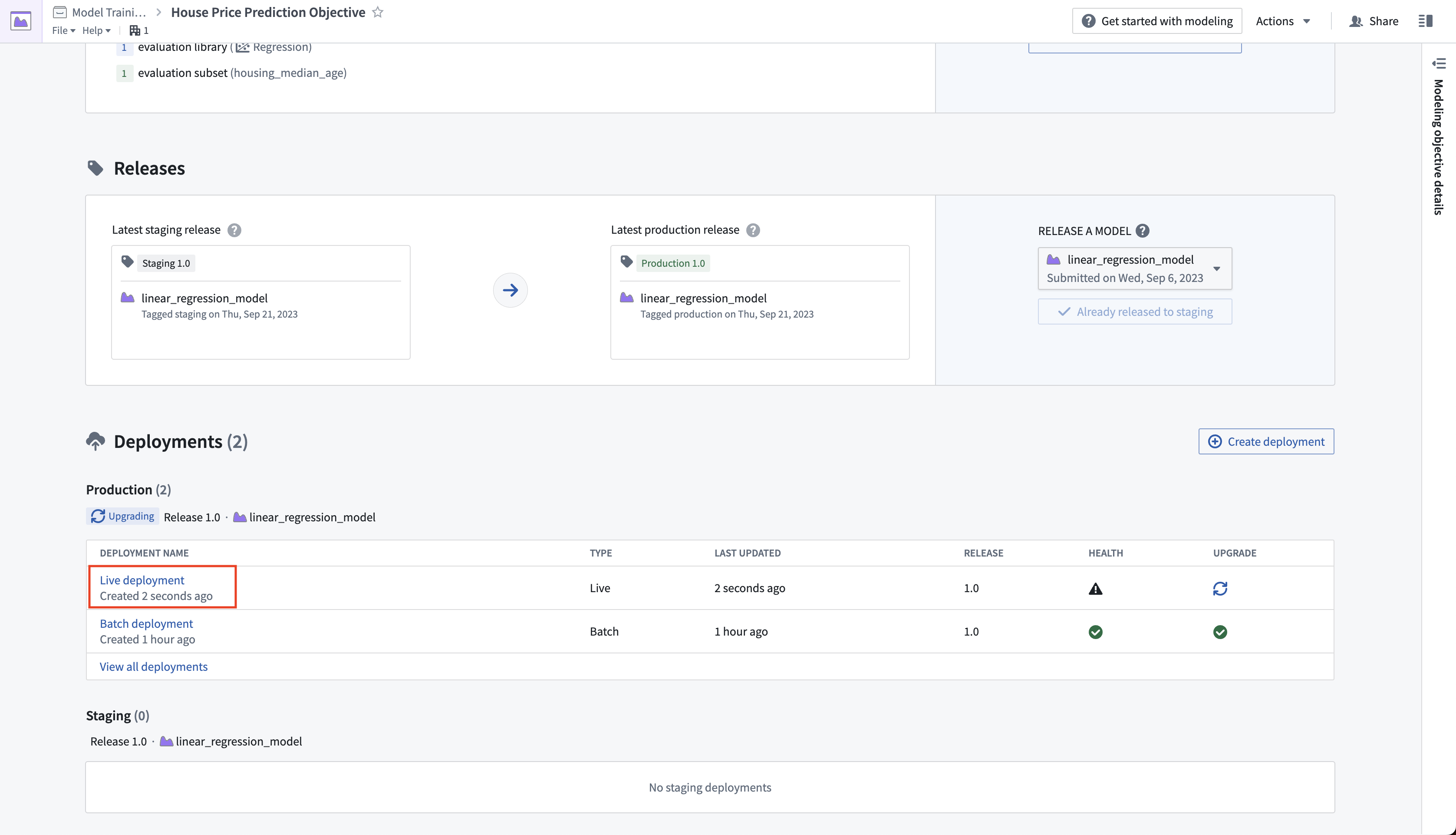 Open a live deployment in a modeling objective