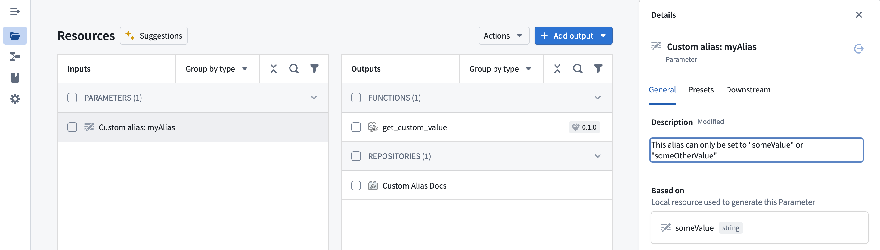 The Details panel for a custom alias parameter showing a description field.