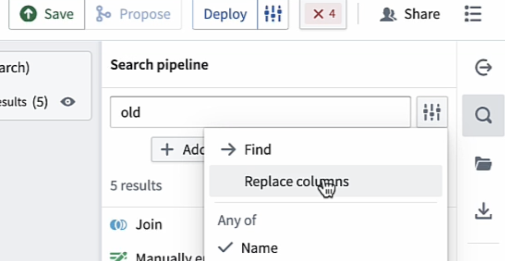 Screenshot of the Replace columns option.