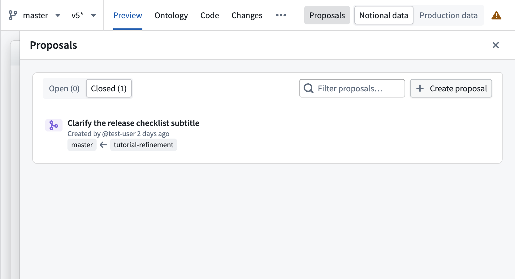 The Proposals drawer shows its Open and Closed filters and a merged tutorial proposal under Closed.