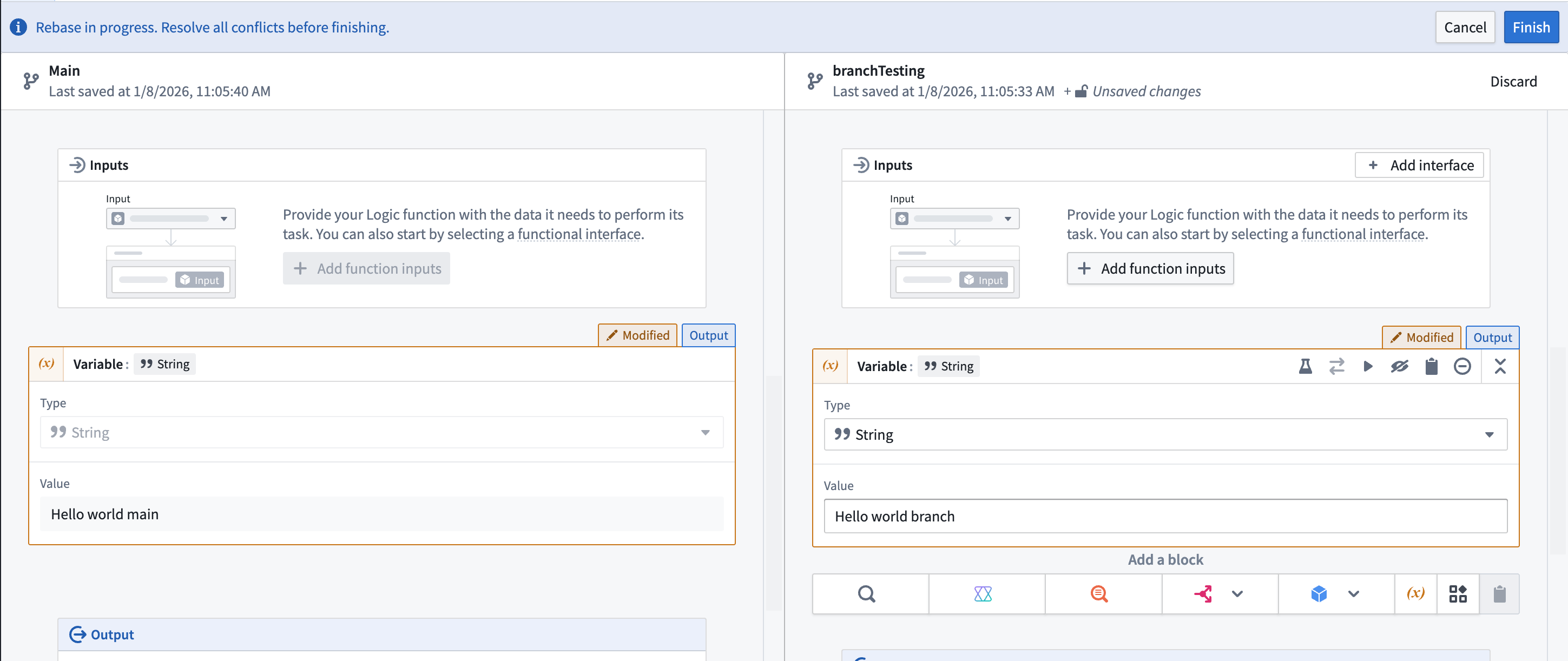 Rebase comparison view.