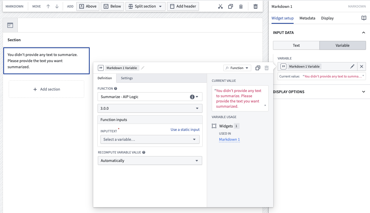 Example showing Markdown widget setup popover in Workshop application.
