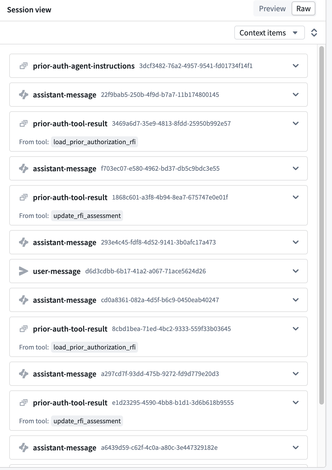 The raw session view lists typed context items, including agent instructions, assistant messages, user messages, and tool results.