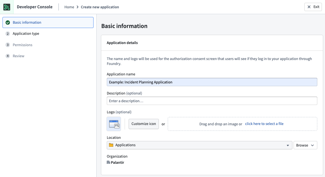 The first step of the creation wizard prompts you to select a location for your Developer Console application.