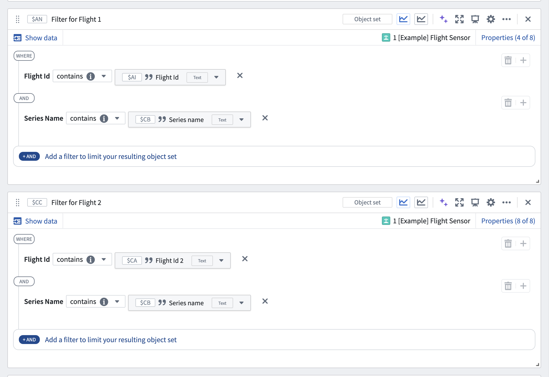 Configure filter object set card