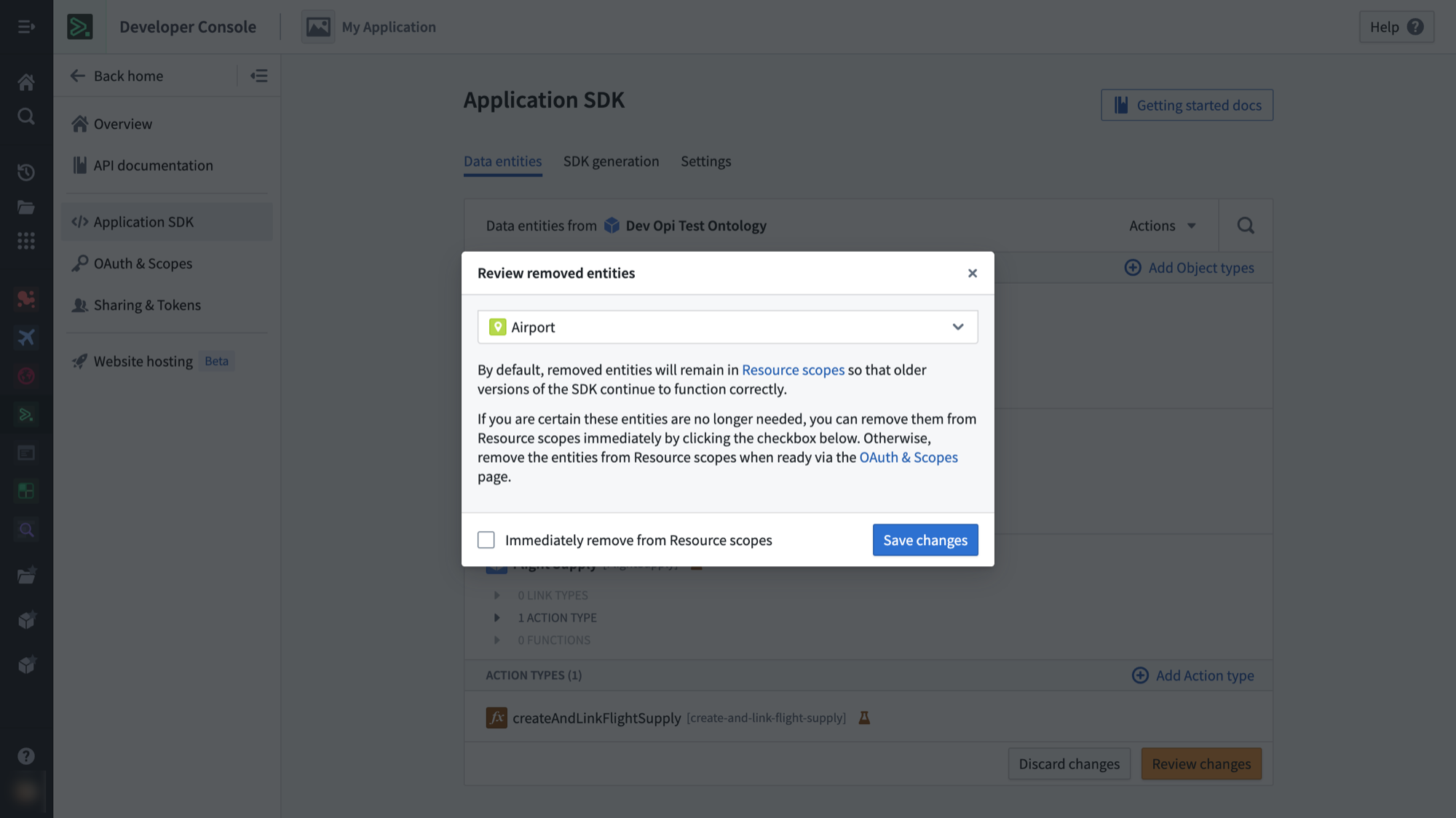 The warning dialog displays when removing resources from the Application SDK.