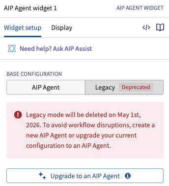 The deprecated legacy configuration of the AIP Agent widget in Workshop.