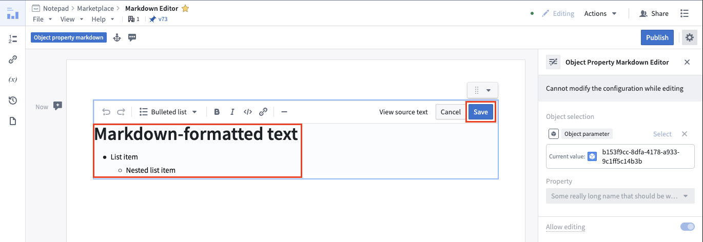 The Object property Markdown editor widget on a Notepad document displays the ability to change text and save to your ontology.