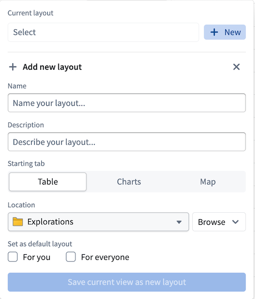 The layout configuration panel shows options for naming the layout and setting default preferences.