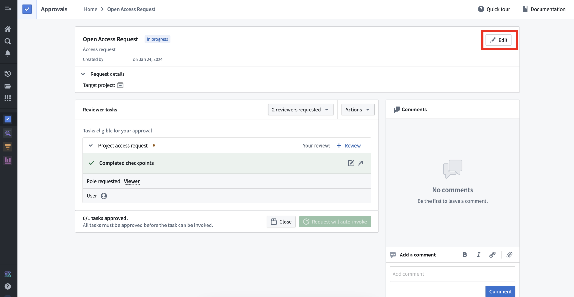 Screenshot of an open request with the edit button highlighted