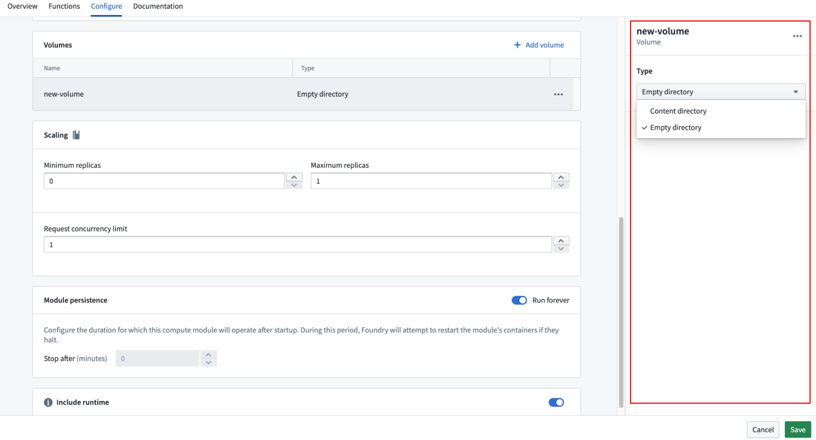 The volume type dropdown selector with Empty directory and Content directory options.
