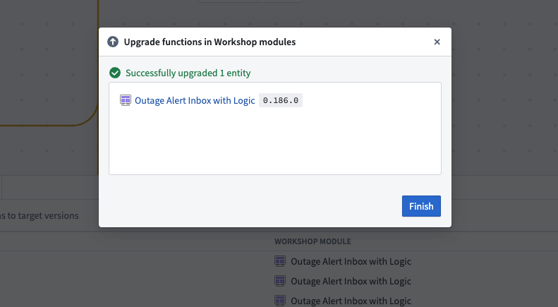 Example of a successful function upgrade for a Workshop application.
