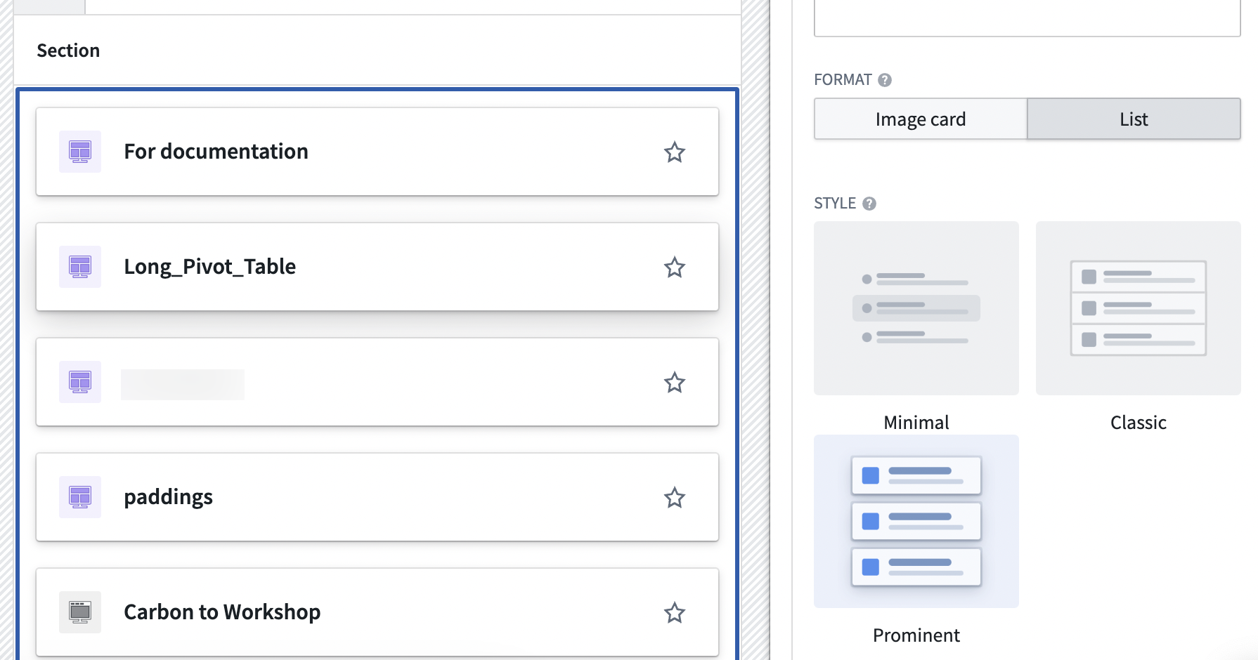 The configuration for prominent display style for list format