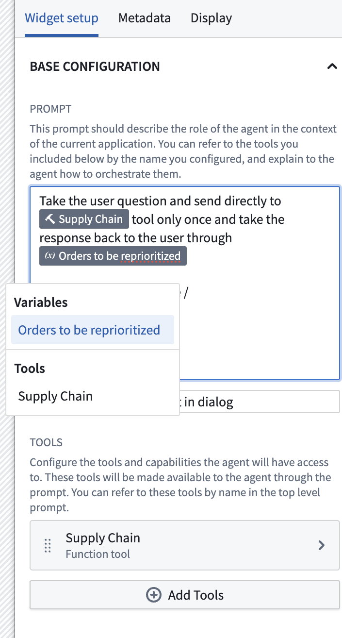 AIP Agent widget configuration panel with the base configuration and tools section completed.