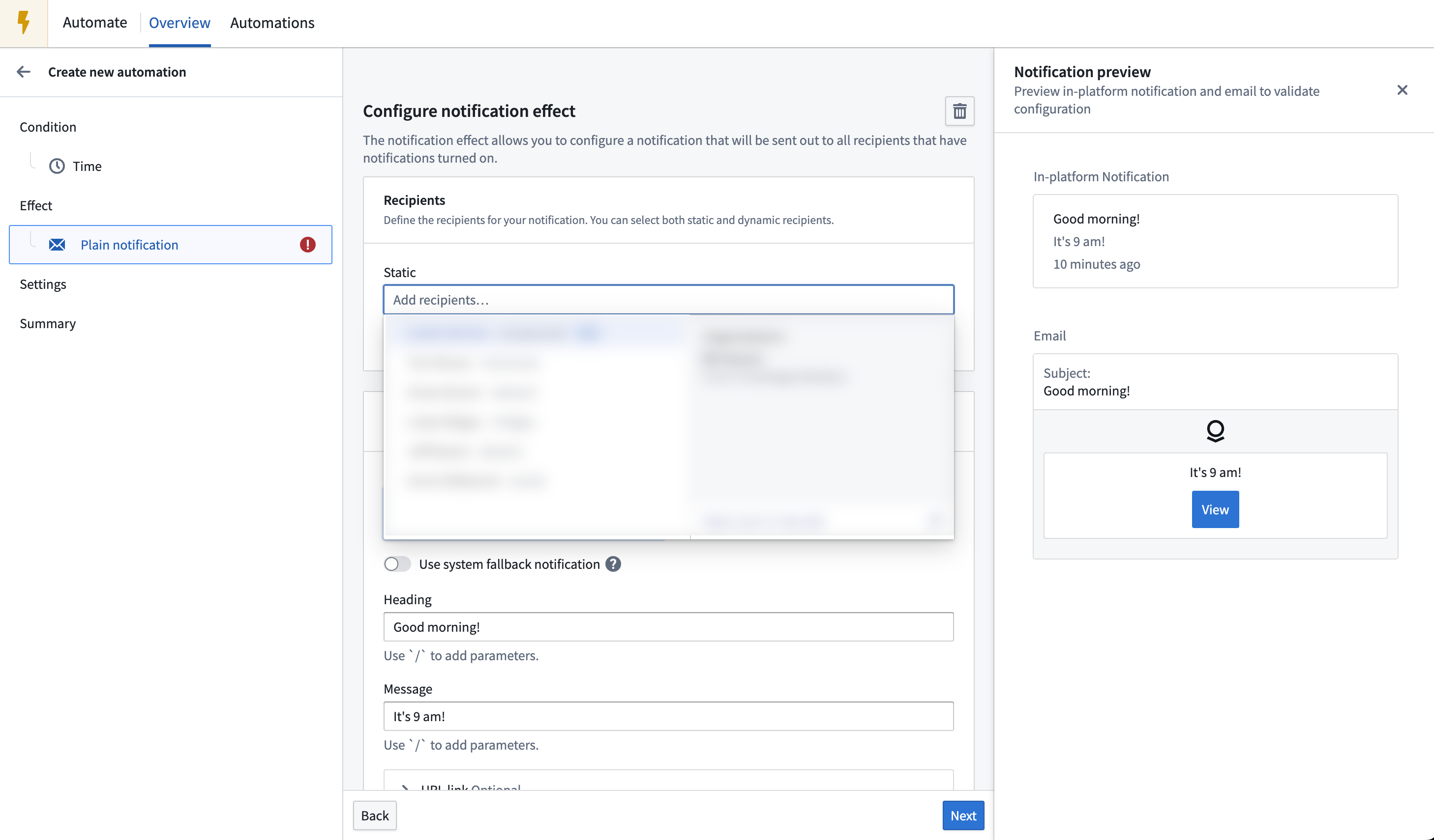 Configure a notification effect and view the message preview.