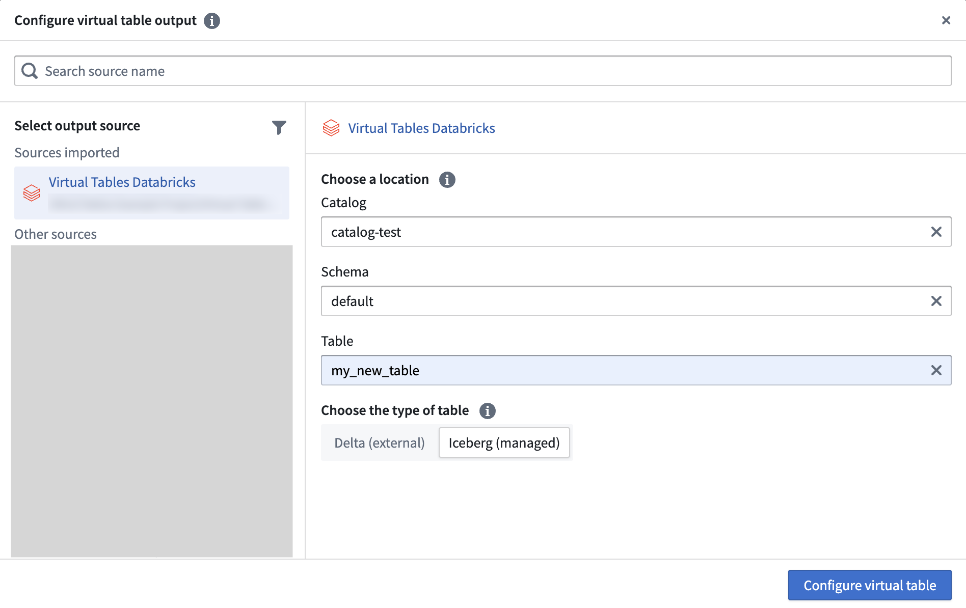 Screenshot of setting virtual table external location